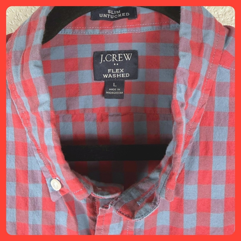 J Crew Mens L‎ Slim Untucked Flex Washed Gingham Button Down Shirt Red Blue